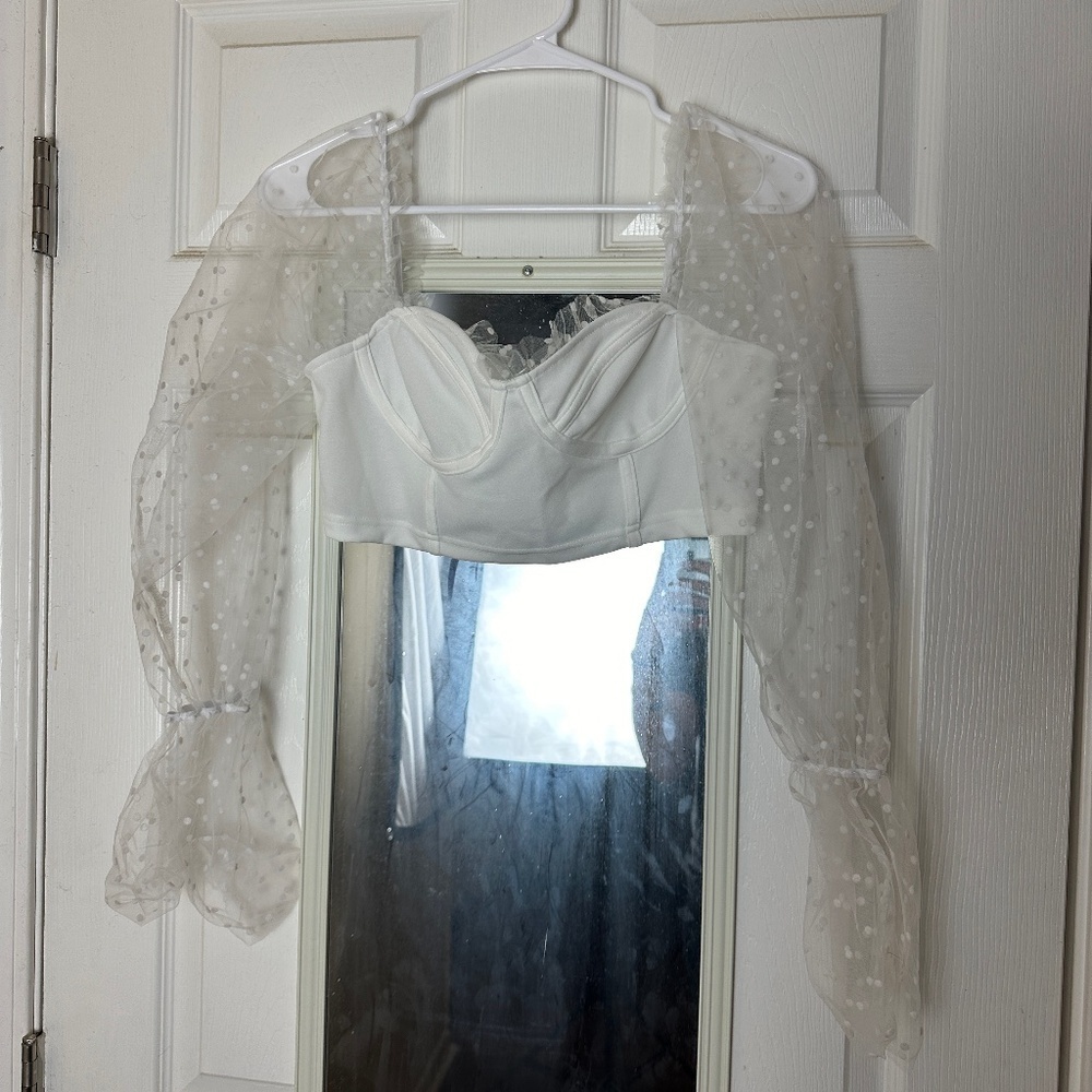 ! Shein White Ruffle Sleeve Crop Top Women Size M Bridal Wedding Bachelorette